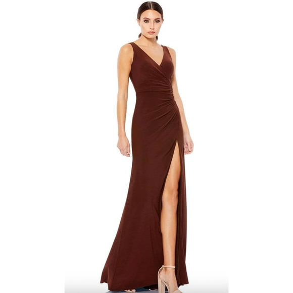 MAC DUGGAL Dress Size 12 Evening Gown NEW Chocolate Brown Faux Wrap V Neck - Picture 1 of 7